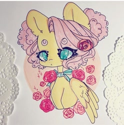 Size: 720x726 | Tagged: safe, artist:dollbunnie, derpibooru import, fluttershy, pegasus, pony, alternate hairstyle, cute, different hairstyle, flower, instagram, jewelry, markers, necklace, pigtails, rose, shyabetes, solo, traditional art, wingding eyes