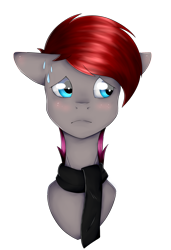 Size: 1578x2310 | Tagged: safe, artist:chazmazda, derpibooru import, oc, oc only, oc:steelrhythm, pony, blushing, bust, clothes, colored, eye shimmer, eye shine, flat colors, highlight, highlights, nervous, portrait, scared, scarf, shading, short hair, simple background, solo, sweat, sweatdrop, transparent background