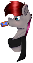 Size: 1356x2588 | Tagged: safe, artist:chazmazda, derpibooru import, oc, oc only, oc:steelrhythm, pony, blushing, bust, can, clothes, colored, drink, drinking, eye shimmer, eye shine, flat colors, highlight, highlights, irn bru, portrait, scarf, shading, short hair, simple background, sipping, solo, transparent background