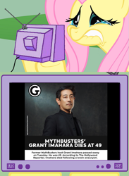 Size: 563x771 | Tagged: safe, derpibooru import, fluttershy, human, pegasus, pony, actor, crying, exploitable meme, female, fluttercry, grant imahara, irl, irl human, male, mare, meme, obligatory pony, photo, rest in peace, tv meme