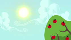 Size: 1280x720 | Tagged: safe, derpibooru import, screencap, applejack's "day" off, apple, apple tree, background, no pony, scenic ponyville, sun, sweet apple acres, tree