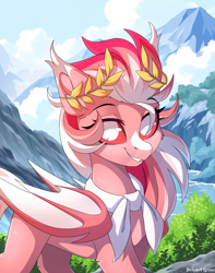 Size: 1400x1780 | Tagged: safe, artist:redchetgreen, derpibooru import, oc, oc:fjord, bat pony, pony, bat pony oc, bat wings, bush, female, looking at you, mountain, river, smiling, solo, wings