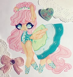 Size: 711x750 | Tagged: safe, artist:dollbunnie, derpibooru import, fluttershy, pegasus, pony, green isn't your color, clothes, different hairstyle, dress, fanart, instagram, marker drawing, shoes, traditional art