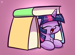 Size: 1920x1407 | Tagged: safe, artist:kimjoman, derpibooru import, twilight sparkle, pony, book, book fort, bookhorse, chest fluff, cute, eyes closed, female, fort, mare, open mouth, prone, purple background, simple background, solo, that pony sure does love books, twiabetes