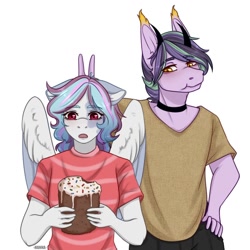 Size: 1080x1080 | Tagged: safe, artist:loni_ee_, derpibooru import, oc, oc only, anthro, pegasus, :o, abstract background, cake, choker, clothes, duo, ear fluff, eating, food, open mouth, pegasus oc, redraw, simple background, white background, wings
