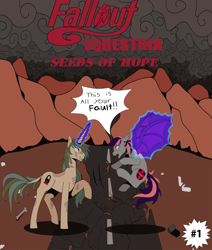 Size: 2200x2592 | Tagged: safe, artist:shirofluff, derpibooru import, oc, oc:galaxy rose, oc:scorcher, bat pony, ghoul, pegasus, pony, undead, unicorn, comic:seeds of hope, fallout equestria, fallout equestria seeds of hope, angry, badlands, canterlot ghoul, cloud cover, comic, cover art, fallout, fan comic, fanfic, female, issue 1, magic, male, mare, my little pony, nuclear, post-apocalyptic, radlands, small, smol, stallion, telekinesis