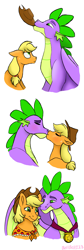 Size: 1689x5029 | Tagged: safe, artist:bellbell123, derpibooru import, applejack, spike, dragon, earth pony, pony, the last problem, accessory theft, applejack is not amused, applespike, bust, cute, eyes closed, female, floppy ears, kissing, male, mare, medal, older, older applejack, older spike, portrait, profile, shipping, simple background, straight, unamused, white background, winged spike