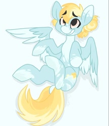 Size: 800x926 | Tagged: safe, artist:c_owokie, derpibooru import, oc, oc only, pegasus, pony, eyebrows visible through hair, grin, pegasus oc, simple background, smiling, socks (coat marking), solo, wings