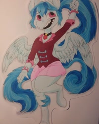 Size: 1080x1350 | Tagged: safe, artist:c_owokie, derpibooru import, sonata dusk, anthro, pegasus, unguligrade anthro, clothes, equestria girls ponified, female, jewelry, necklace, open mouth, ponified, sharp teeth, skirt, smiling, solo, species swap, spiked wristband, teeth, traditional art, wings, wristband