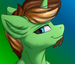 Size: 3500x3000 | Tagged: safe, artist:snowstormbat, derpibooru import, oc, oc only, oc:glow speed, pony, unicorn, beard, bedroom eyes, bust, ear fluff, facial hair, goatee, gradient background, high res, horn, looking at you, male, portrait, smiling, smirk, solo, stallion