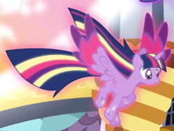 Size: 724x544 | Tagged: safe, derpibooru import, screencap, twilight sparkle, twilight sparkle (alicorn), alicorn, twilight's kingdom, cropped, flying, galloping, magic, rainbow power, rainbow power-ified, smiling, solo