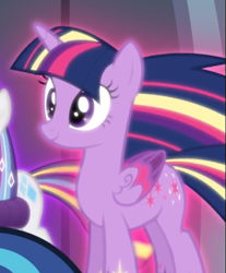 Size: 509x614 | Tagged: safe, derpibooru import, screencap, twilight sparkle, twilight sparkle (alicorn), alicorn, twilight's kingdom, cropped, glow, rainbow power, rainbow power-ified, smiling, solo focus