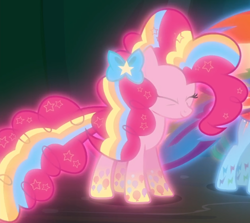 Size: 818x730 | Tagged: safe, derpibooru import, screencap, pinkie pie, earth pony, pony, twilight's kingdom, cropped, glow, rainbow power, rainbow power-ified, smiling, solo