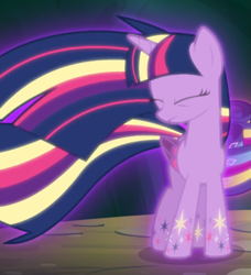 Size: 717x787 | Tagged: safe, derpibooru import, screencap, twilight sparkle, twilight sparkle (alicorn), alicorn, twilight's kingdom, cropped, eyes closed, glow, rainbow power, rainbow power-ified, solo