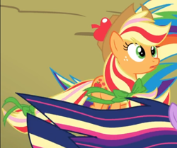 Size: 564x472 | Tagged: safe, derpibooru import, screencap, applejack, earth pony, pony, twilight's kingdom, cropped, open mouth, rainbow power, rainbow power-ified, solo