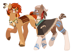 Size: 1280x896 | Tagged: safe, artist:kookiebeatz, derpibooru import, oc, oc only, oc:matoka, oc:woohitike, bird, earth pony, pony, clothes, coat markings, commission, ear piercing, earring, face paint, feather, female, jewelry, mare, multicolored hair, necklace, open mouth, piercing, raised hoof, raised leg, robe, simple background, skull, tattoo, transparent background, trotting