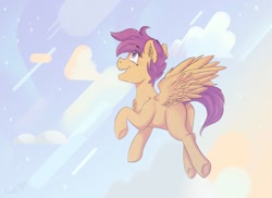 Size: 1280x934 | Tagged: safe, artist:tavifly, derpibooru import, scootaloo, pegasus, pony, blank flank, chest fluff, cloud, cute, cutealoo, ear fluff, female, filly, flying, open mouth, scootaloo can fly, sky, smiling, solo, spread wings, wings