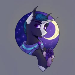 Size: 1080x1080 | Tagged: safe, artist:ash_helz, derpibooru import, oc, oc only, pony, unicorn, bust, cloak, clothes, colored hooves, crescent moon, horn, moon, night, solo, stars, unicorn oc