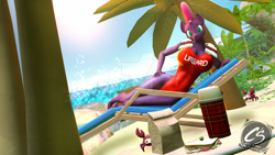 Size: 1024x576 | Tagged: safe, artist:adhiguna, artist:johnathon-matthews, derpibooru import, tempest shadow, anthro, pony, unicorn, 3d, beach, deviantart watermark, lifeguard, nexgen, obtrusive watermark, source filmmaker, spy crab, watermark