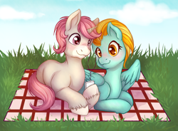 Size: 2967x2189 | Tagged: safe, artist:pingwinowa, derpibooru import, lightning dust, oc, oc:intrepid charm, pegasus, unicorn, blushing, canon x oc, female, grass, male, mare, picnic blanket, stallion