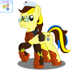 Size: 1768x1760 | Tagged: safe, derpibooru import, oc, oc:stoned gears, armor, bag, clothes, glasses, hat, legends of equestria, male, nurse hat, saddle bag, socks, stallion