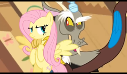 Size: 1024x600 | Tagged: safe, derpibooru import, screencap, discord, fluttershy, draconequus, pegasus, pony, keep calm and flutter on, annoyed, evil grin, fluttershy is not amused, fluttershy's cottage, grin, hug, looking at each other, smiling, unamused