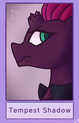 Size: 551x850 | Tagged: safe, alternate version, artist:luxaaj, derpibooru import, tempest shadow, pony, unicorn, broken horn, bust, female, frown, horn, mare, solo