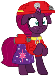 Size: 800x1069 | Tagged: safe, artist:徐詩珮, derpibooru import, fizzlepop berrytwist, tempest shadow, pony, unicorn, series:sprglitemplight diary, series:sprglitemplight life jacket days, series:springshadowdrops diary, series:springshadowdrops life jacket days, alternate universe, clothes, cute, marshall (paw patrol), paw patrol, simple background, transparent background