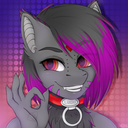 Size: 4050x4050 | Tagged: safe, artist:bellfa, derpibooru import, part of a set, oc, oc only, oc:lucid rose, anthro, bat pony, hybrid, pony, wolf, bat pony oc, bat wings, collar, commission, decoration, fangs, female, fluffy, hybrid pony, original art, piercing, ruby, smiling, smirk, solo, two toned eyes, two toned hair, wings, wool, ych result