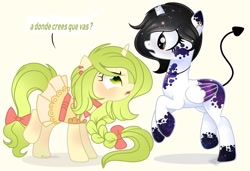 Size: 1280x877 | Tagged: safe, artist:2pandita, derpibooru import, oc, oc only, alicorn, pony, unicorn, augmented tail, brpken horn, clothes, dress, female, mare, spanish