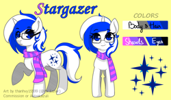 Size: 1500x876 | Tagged: safe, artist:thanhvy15599, derpibooru import, oc, pony, unicorn, blue eyes, commission, commission art, female, glasses, horn, mare, reference sheet, scarves, simple background, solo, unicorn oc, white pony, yellow background