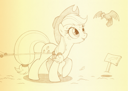 Size: 925x659 | Tagged: safe, artist:sherwoodwhisper, derpibooru import, edit, applejack, bird, earth pony, pony, carrot, cute, female, food, jackabetes, mare, monochrome, solo, sweat