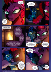 Size: 2480x3508 | Tagged: safe, artist:dsana, derpibooru import, fizzlepop berrytwist, tempest shadow, oc, oc:lullaby dusk, pegasus, pony, unicorn, comic:a storm's lullaby, comic, crying, i can't believe it's not idw, mistake, reading