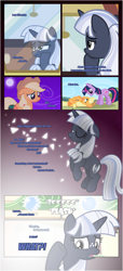 Size: 1919x4225 | Tagged: safe, artist:estories, derpibooru import, applejack, twilight sparkle, unicorn twilight, oc, oc:silverlay, earth pony, pony, unicorn, comic:a(pple)ffection, applejack's hat, comic, communication orb, cowboy hat, eyes closed, female, floppy ears, hat, magic, mare, show accurate, vector