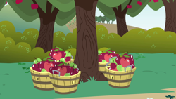 Size: 1280x720 | Tagged: safe, derpibooru import, screencap, friendship is magic, apple, apple tree, background, no pony, scenic ponyville, sweet apple acres, tree