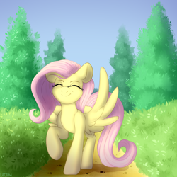 Size: 5000x5000 | Tagged: safe, artist:lilclim, derpibooru import, fluttershy, pegasus, pony, absurd resolution, cute, eyes closed, female, happy, mare, shyabetes, smiling, solo, spread wings, tree, walking, wings