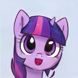 Size: 1024x1024 | Tagged: safe, artist:thisponydoesnotexist, derpibooru import, unicorn, artificial intelligence, looking at you, neural network, purple coat, purple eyes, purple mane, smiling, solo