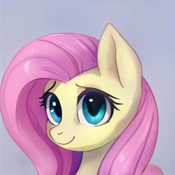 Size: 1024x1024 | Tagged: safe, artist:thisponydoesnotexist, derpibooru import, pony, artificial intelligence, blue eyes, bust, cute, looking at you, neural network, not fluttershy, pink mane, simple background, smiling, solo