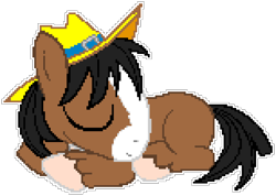 Size: 918x654 | Tagged: safe, artist:dm29, artist:epicvon, derpibooru import, trouble shoes, earth pony, pony, appleoosa's most wanted, colt, cute, daaaaaaaaaaaw, eyes closed, hat, little troubleshoes, male, manepxls, pixel art, prone, pxls.space, simple background, sleeping, smiling, solo, stallion, transparent background, troublebetes, younger