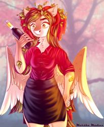 Size: 4108x5000 | Tagged: safe, artist:murshumadzex, derpibooru import, oc, oc only, oc:helemaranth, anthro, pegasus, absurd resolution, alcohol, breasts, clothes, female, fluffy, leaves, skirt, small breasts, solo, spread wings, wine, wings