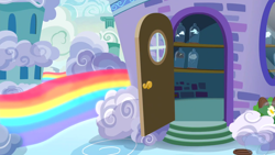 Size: 1280x720 | Tagged: safe, derpibooru import, screencap, flutter brutter, background, cloudsdale, no pony, scenic ponyville, shy family house