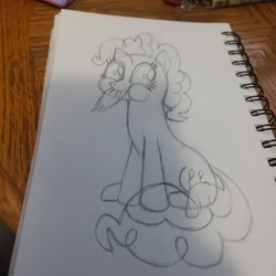 Size: 1080x1080 | Tagged: safe, artist:iemenia, derpibooru import, pinkie pie, earth pony, pony, female, lineart, mare, notebook, sitting, solo, traditional art