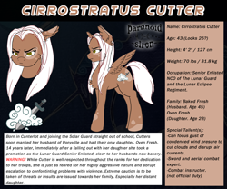 Size: 2100x1750 | Tagged: safe, artist:paranoid_siren, derpibooru import, oc, oc:cutter, pegasus, pony, fanfic:crossing the trixie bridge, cutie mark, ear fluff, fanfic art, female, mare, night guard, pegasus oc, reference sheet, solo, text