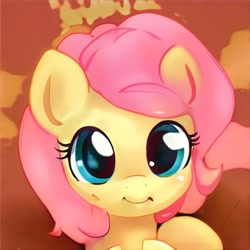 Size: 1024x1024 | Tagged: safe, artist:thisponydoesnotexist, derpibooru import, pegasus, pony, artificial intelligence, blue eyes, cute, female, filly, looking at you, neural network, not fluttershy, pink mane, smiling, solo, yellow coat