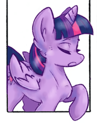 Size: 845x1080 | Tagged: safe, alternate version, artist:kream.fur_, derpibooru import, twilight sparkle, twilight sparkle (alicorn), alicorn, pony, eyes closed, female, mare, open mouth, raised hoof, solo