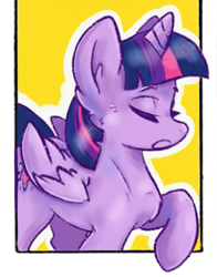 Size: 845x1080 | Tagged: safe, alternate version, artist:kream.fur_, derpibooru import, twilight sparkle, twilight sparkle (alicorn), alicorn, pony, eyes closed, female, mare, open mouth, raised hoof, solo