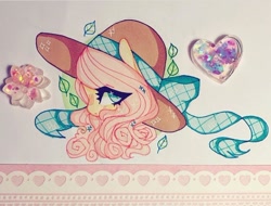 Size: 720x547 | Tagged: safe, artist:dollbunnie, derpibooru import, fluttershy, pegasus, pony, cute, eyelashes, gardener, hat, instagram, leaves, pastel, solo