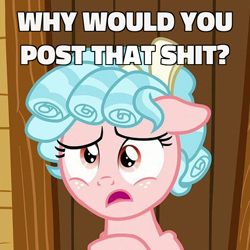 Size: 600x600 | Tagged: safe, derpibooru import, screencap, cozy glow, pegasus, pony, marks for effort, caption, clubhouse, cropped, crusaders clubhouse, door, female, filly, floppy ears, image macro, kinkshaming, meme, reaction image, solo, text, vulgar, why would you post that, wood, wooden door