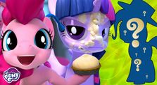Size: 223x122 | Tagged: safe, derpibooru import, pinkie pie, twilight sparkle, earth pony, pony, hello pinkie pie, food, name that pony challenge, official, pie, pie in the face, thumbnail