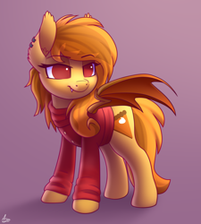 Size: 1800x2000 | Tagged: safe, artist:luminousdazzle, derpibooru import, oc, oc only, oc:pumpkin spice, bat pony, pony, bat pony oc, bat wings, clothes, cutie mark, female, mare, solo, wings